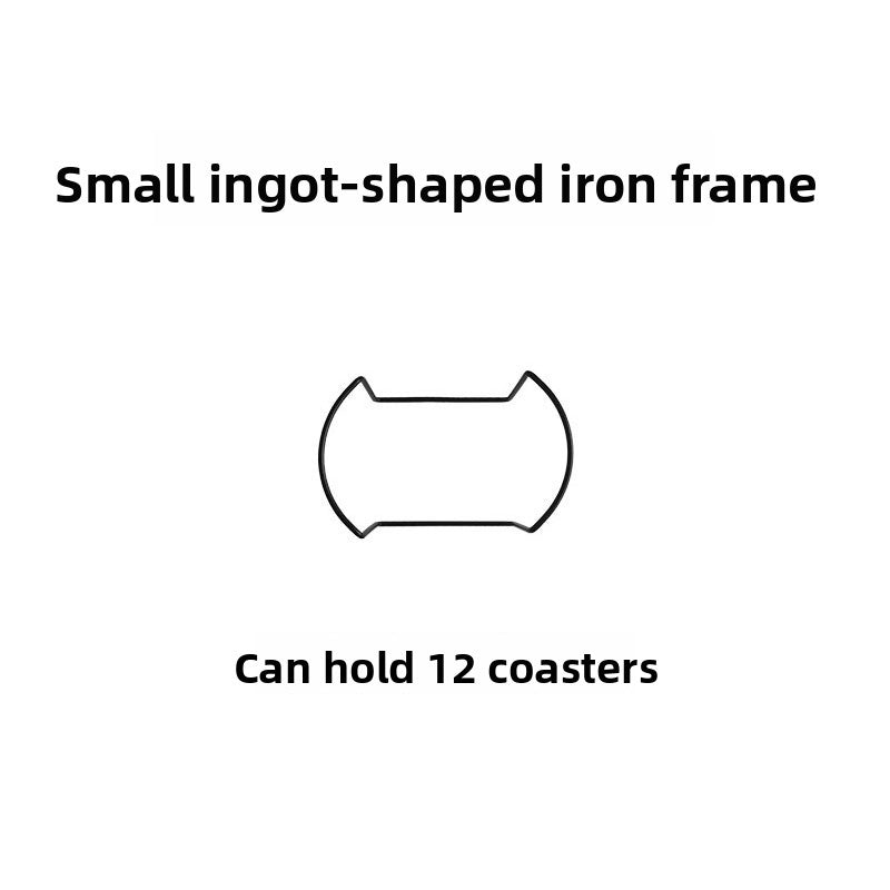 Small ingot-shaped iron frame with text indicating it can hold 12 coasters on a white background.