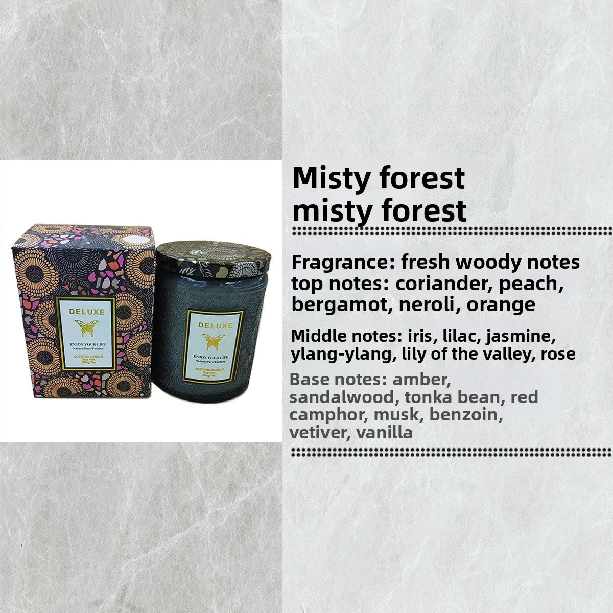 Candle with packaging and fragrance description on a textured gray background