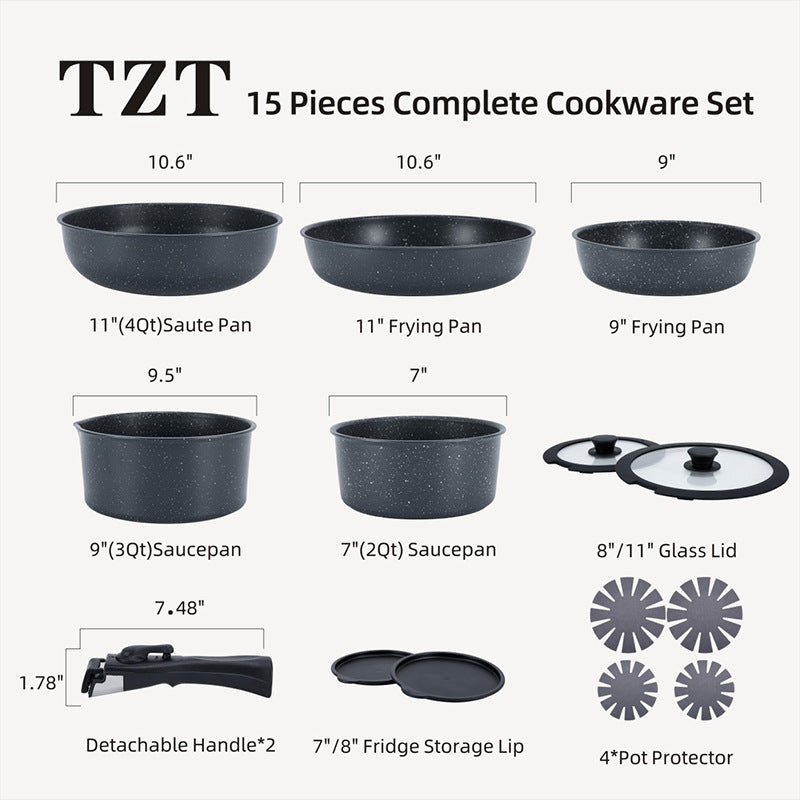 TZT 15-piece complete cookware set with dimensions and features on a white background