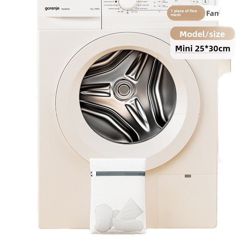 Gorenje washing machine with a filter bag labeled '1 piece of fine mesh Fan' and 'Model/size Mini 25*30cm'.