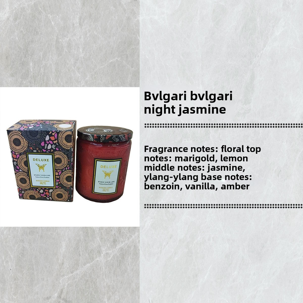 Bulgari Bulgari Night Jasmine candle with packaging on a textured white background