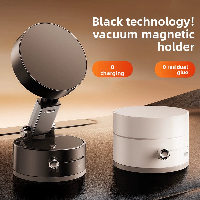 Black and white vacuum magnetic holders on a wooden surface with promotional text.