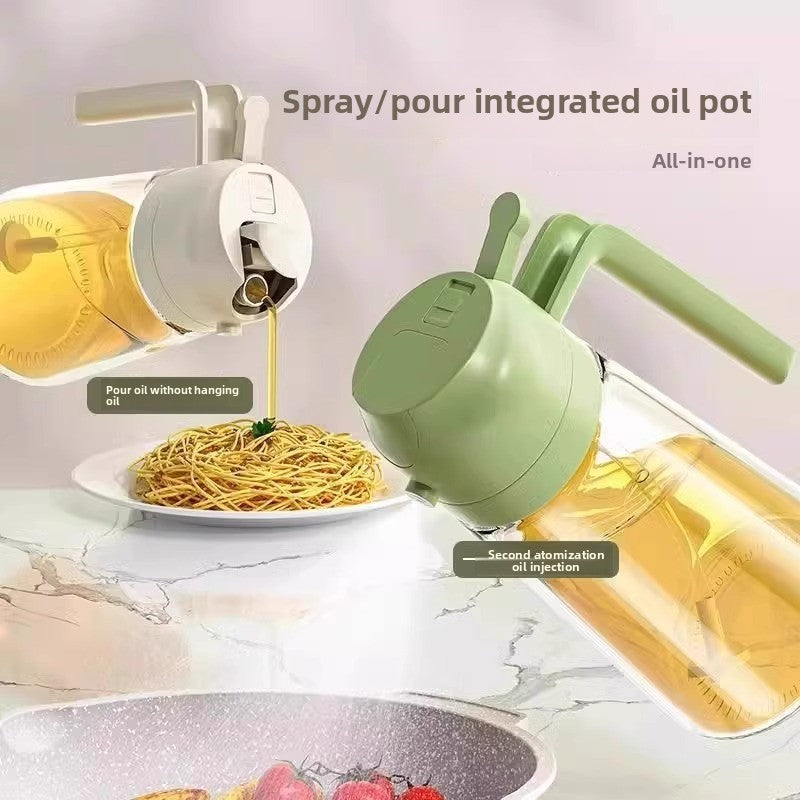 Spray/pour integrated oil pot with a plate of spaghetti and a frying pan on a light gray background.