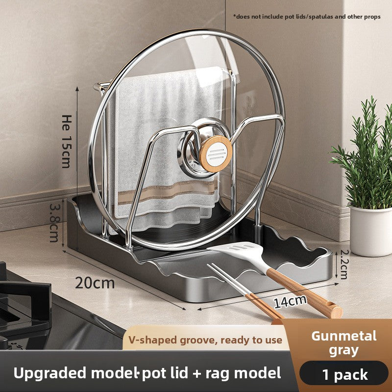 Gunmetal gray pot lid and rag set with measurements and kitchen setting