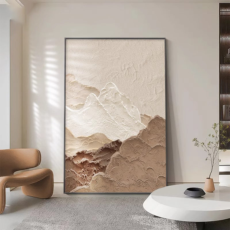 Abstract mountain landscape painting in a modern living room setting.