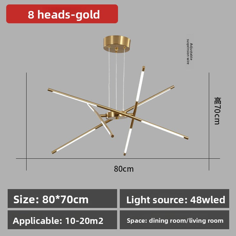 Gold pendant light with dimensions and specifications on a gray background