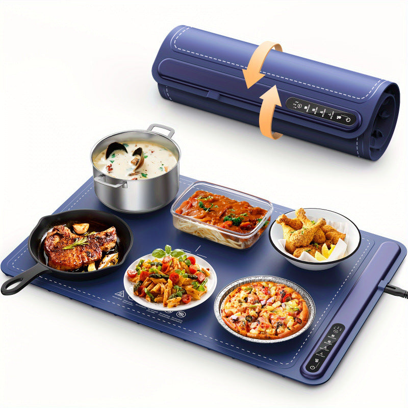 Blue food warmer mat with various dishes on a white background