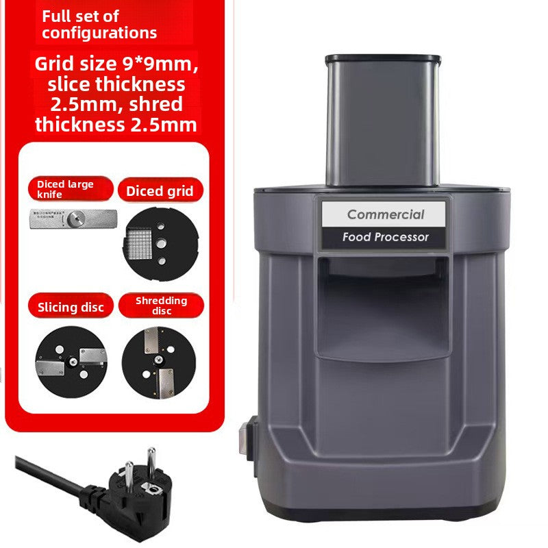 Commercial food processor with attachments and specifications on a white background