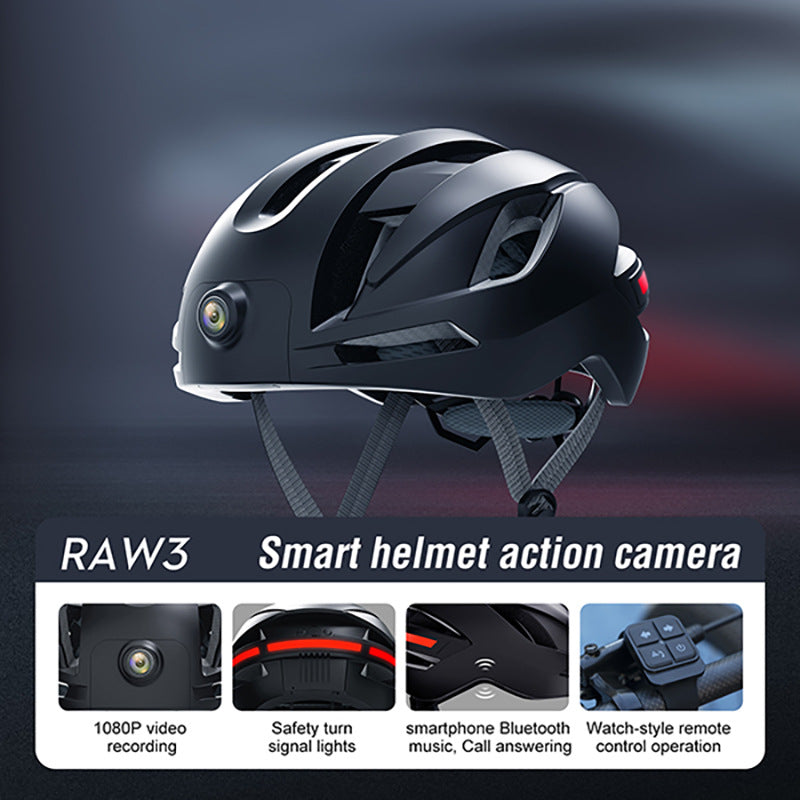 Smart helmet action camera with features highlighted on a dark background