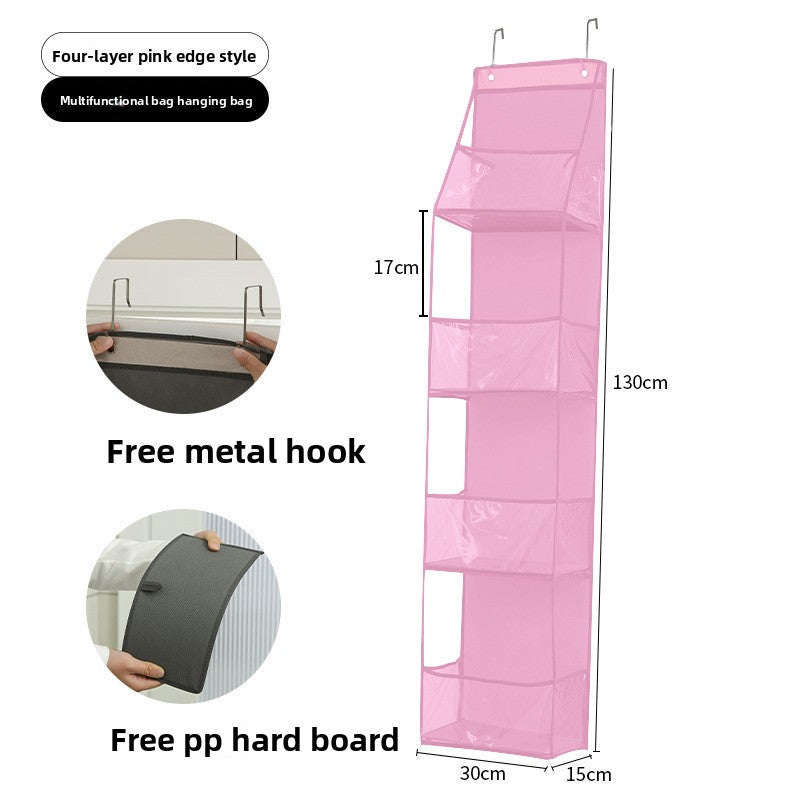 Pink hanging bag organizer with dimensions and features on a white background