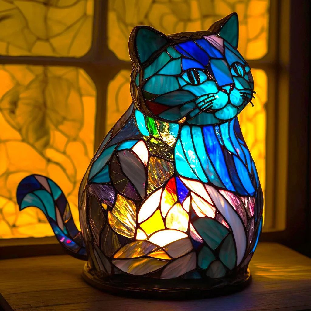 Stained glass cat-shaped lamp with colorful design on a wooden surface.