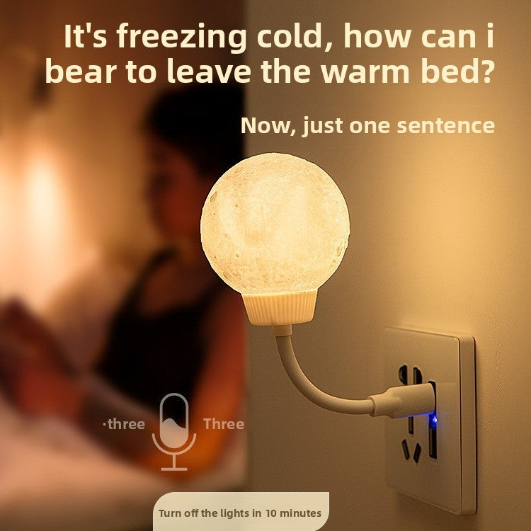 Light bulb night light attached to a wall socket with text overlay.