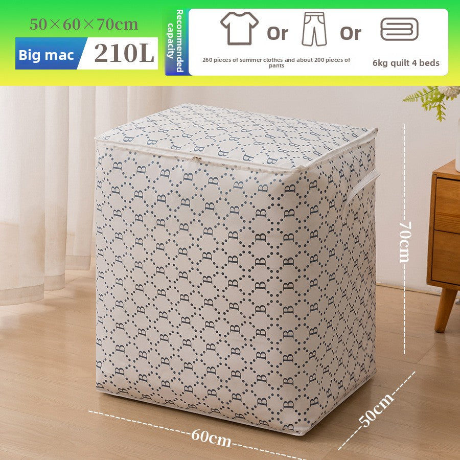 Storage bin with patterned design on a wooden floor, with dimensions and capacity information displayed.