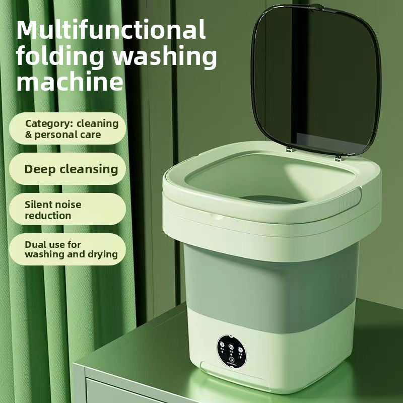 Multifunctional folding washing machine with features listed on a green background