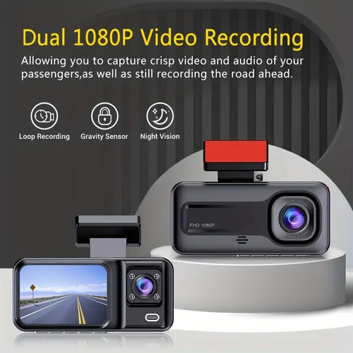 Car dashboard camera with dual 1080P video recording capabilities on a gray background.