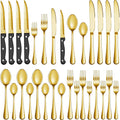 Set of gold cutlery including knives, forks, and spoons on a white background