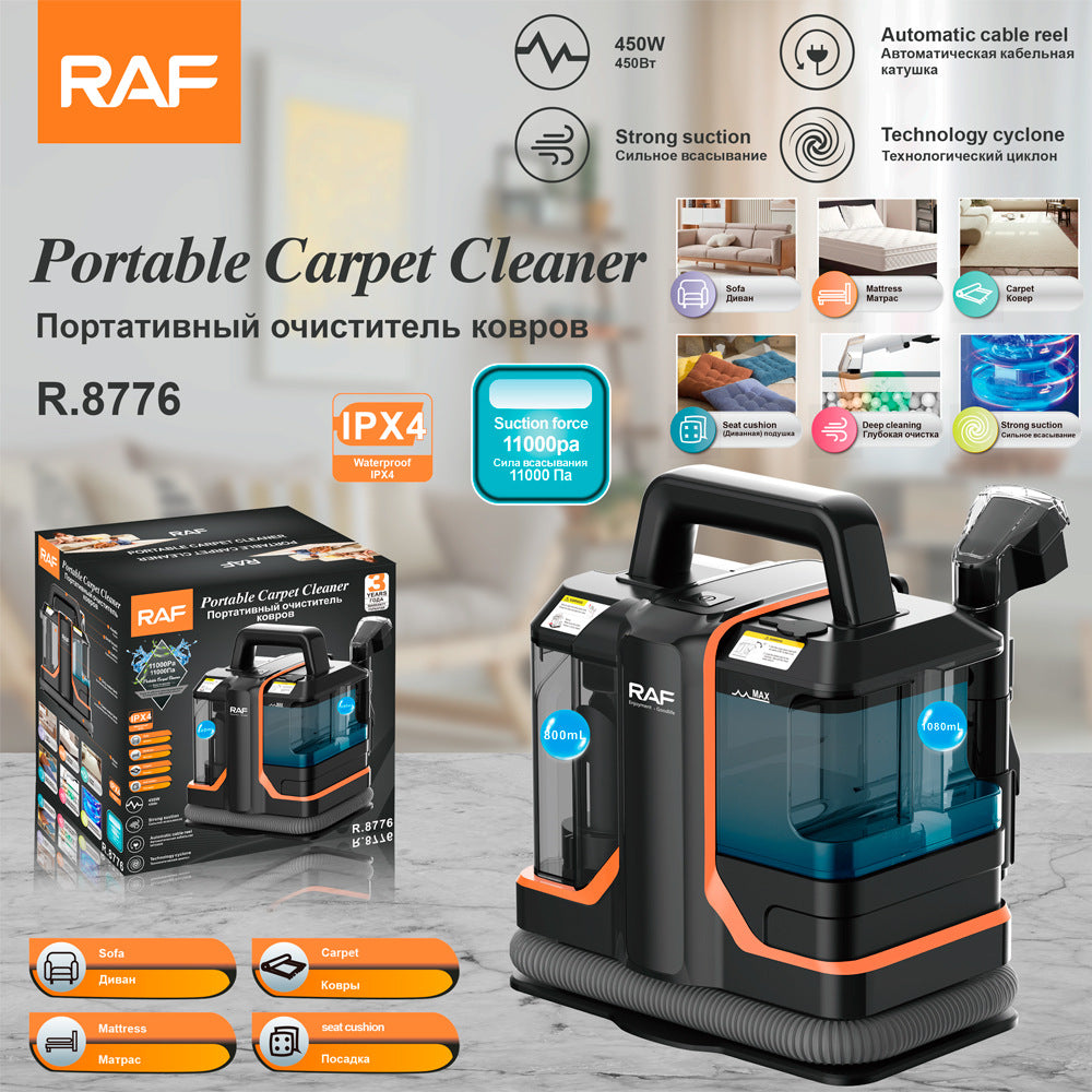 RAF portable carpet cleaner with packaging on a gray surface