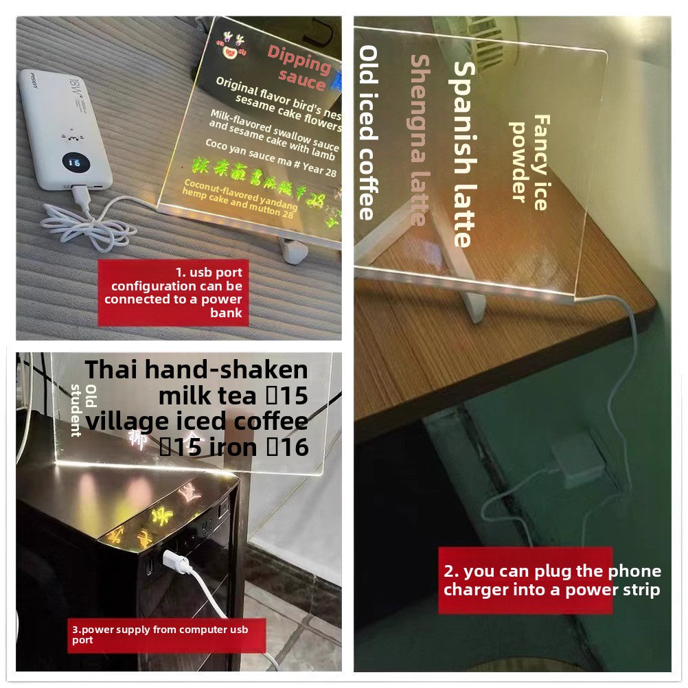 Collage of a power bank, phone charger, and coffee menu display with text and images.