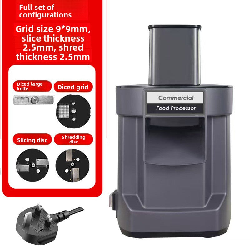 Commercial food processor with attachments and plug on a white background