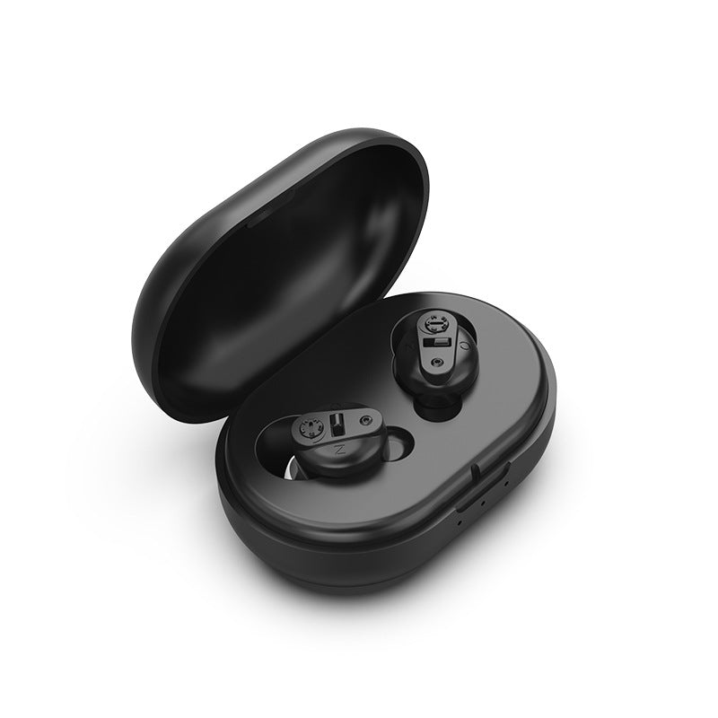 Black wireless earbuds in an open case on a white background