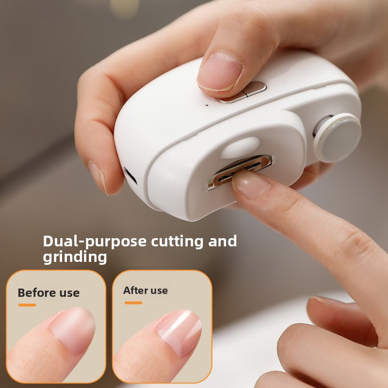 Hand holding a small white device with dual-purpose cutting and grinding function, showing before and after use on nails.