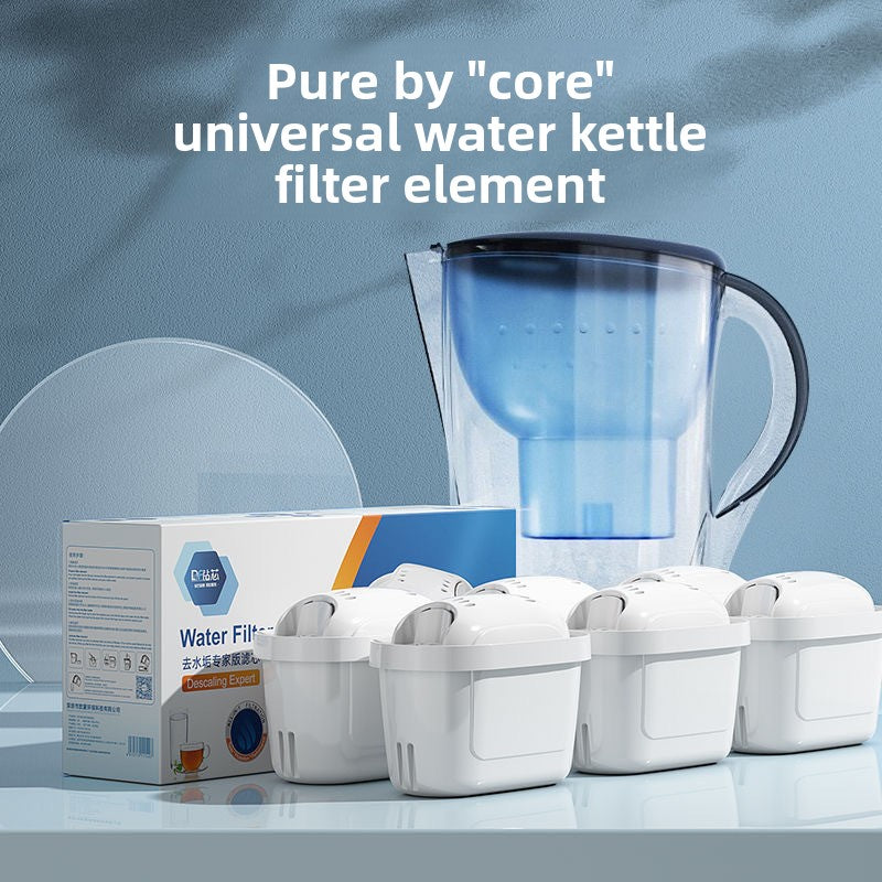 Pure by 'core' universal water kettle filter element with packaging and filters on a light blue background
