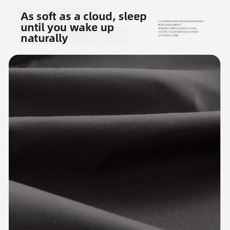 Text 'As soft as a cloud, sleep until you wake up naturally' above a close-up of soft fabric texture.