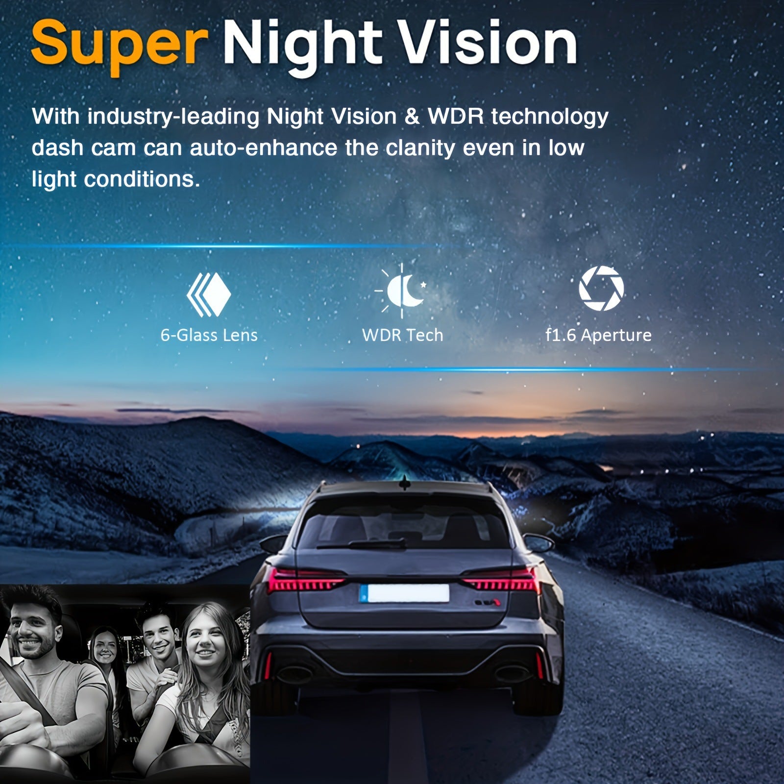 Car on a road with 'Super Night Vision' text and features highlighted