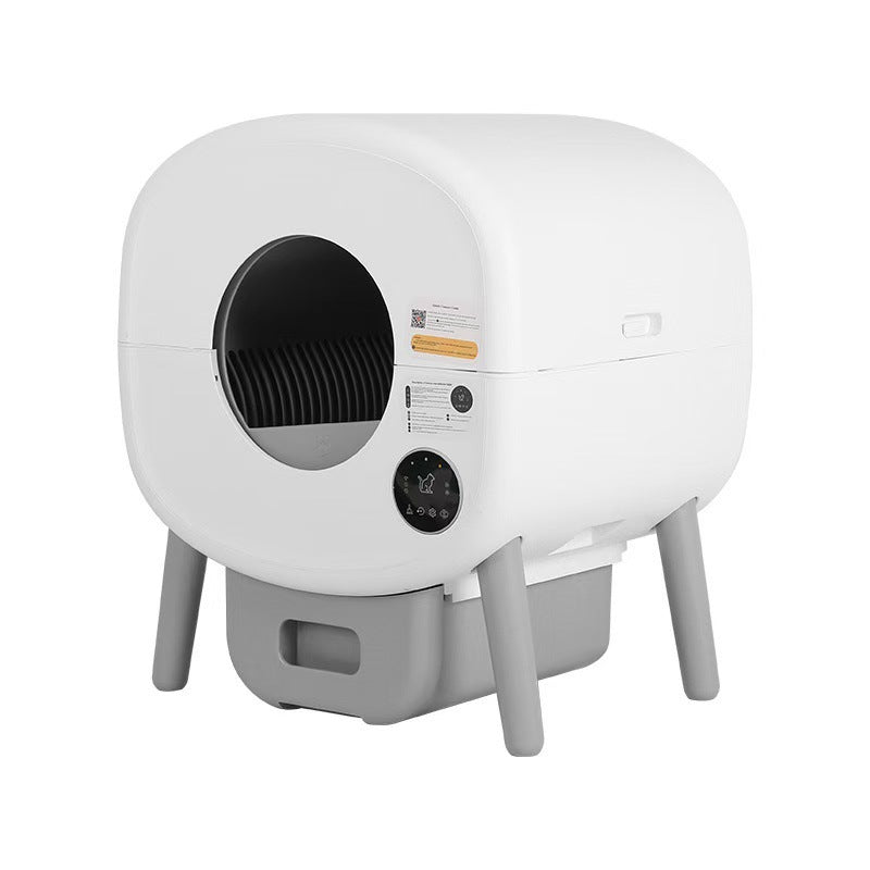 White and gray pet litter box with a black interior on a white background