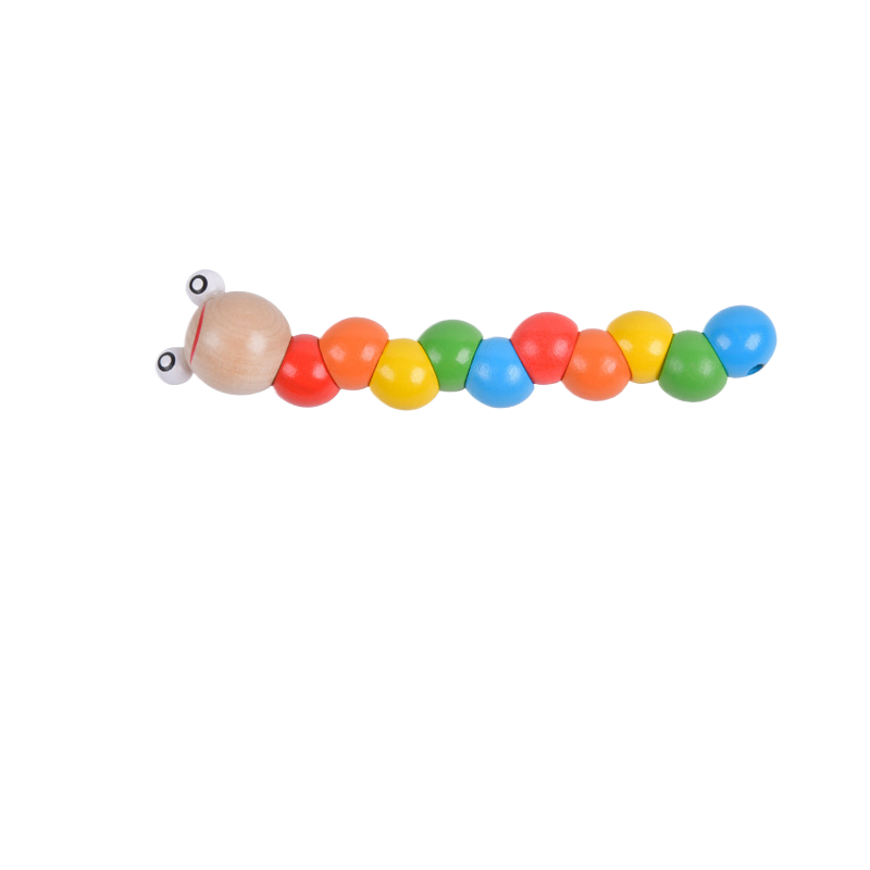 Colorful caterpillar-shaped toy with segmented body on a white background