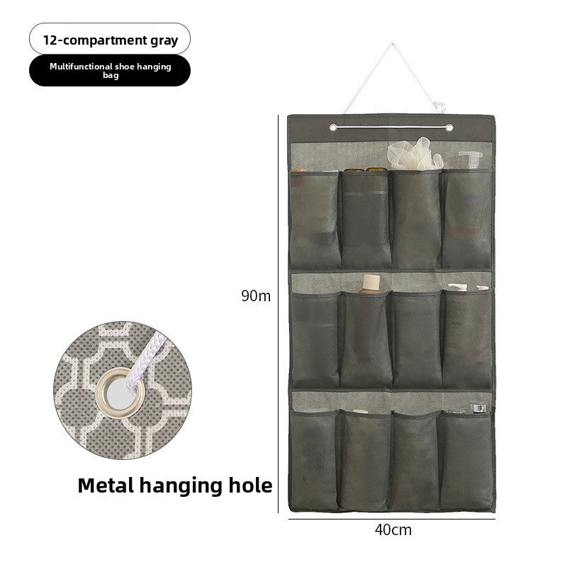 Multifunctional shoe hanging bag with 12 compartments, gray color, metal hanging hole, and measurements on a white background.