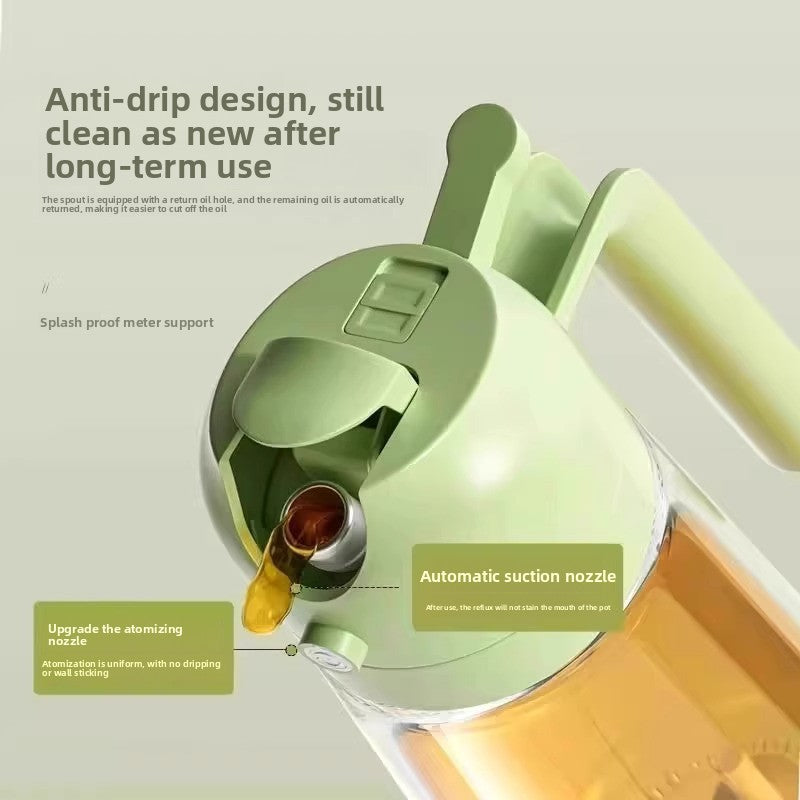 Green oil dispenser with text highlighting features on a light gray background