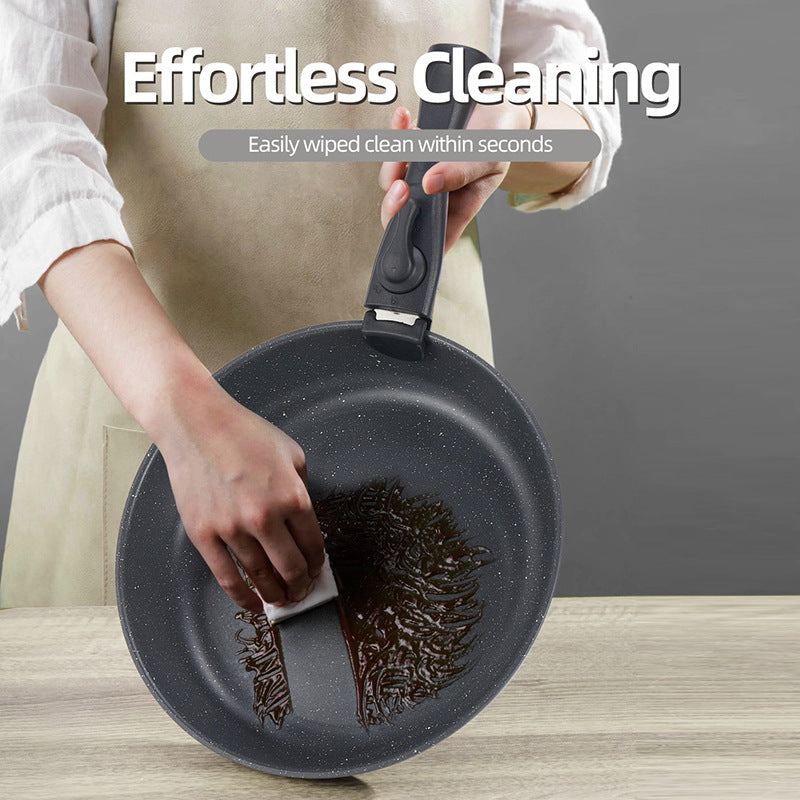 Person cleaning a non-stick frying pan with minimal residue, labeled 'Effortless Cleaning'.