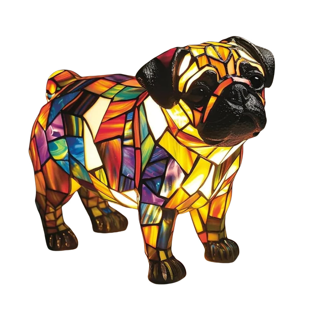 Colorful stained glass pug dog sculpture on a white background