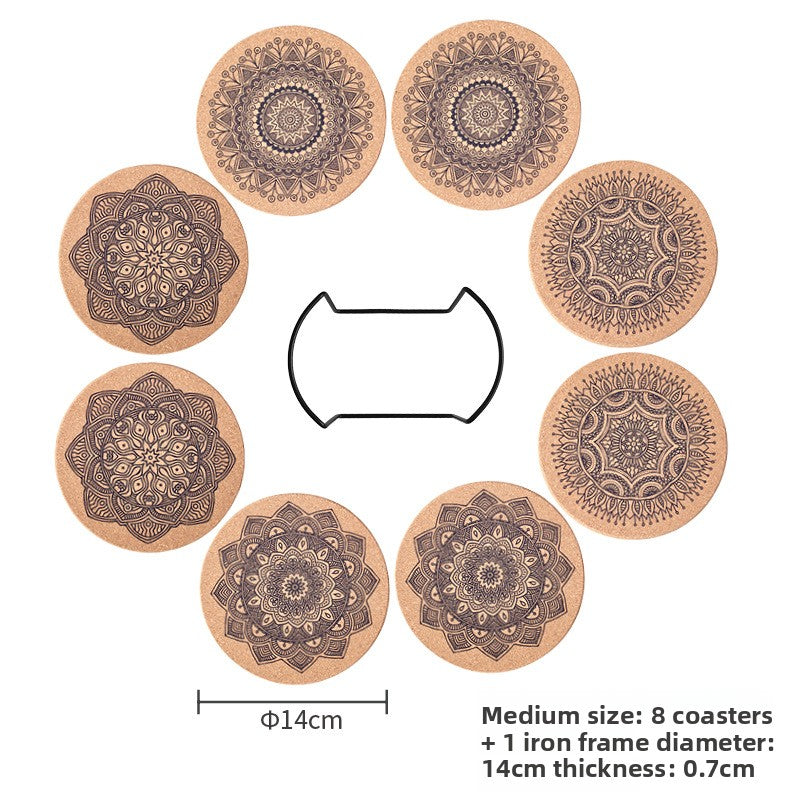 Set of eight decorative coasters with mandala patterns and an iron frame diagram on a white background.