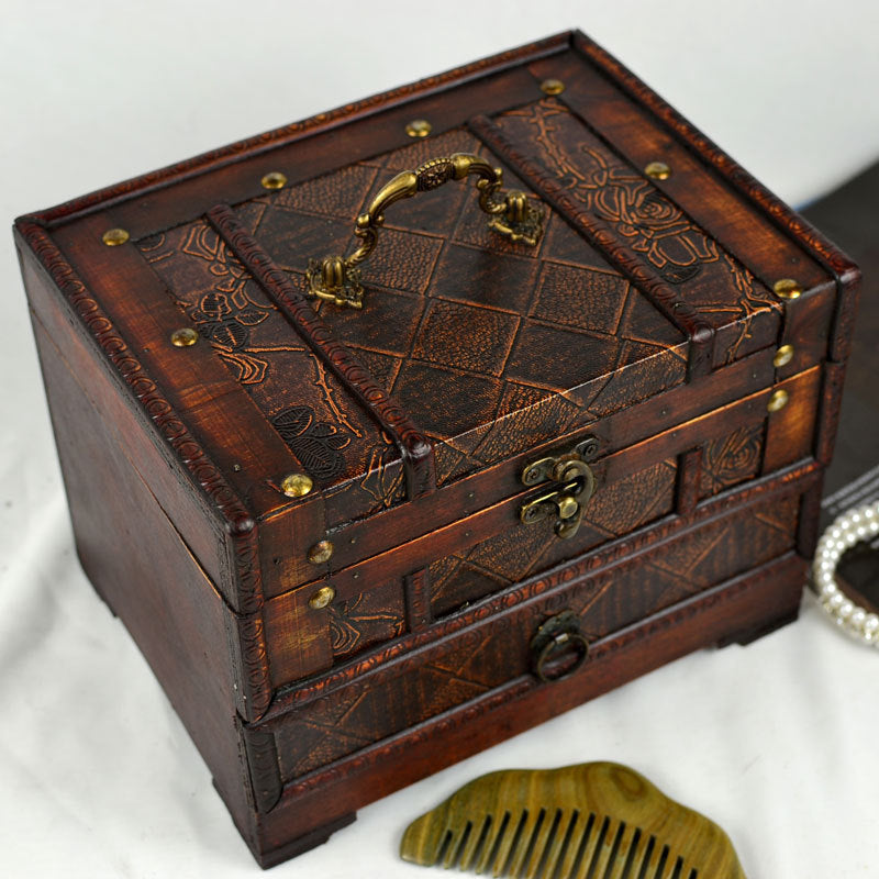 Decorative wooden box with intricate patterns and a gold handle on a white background