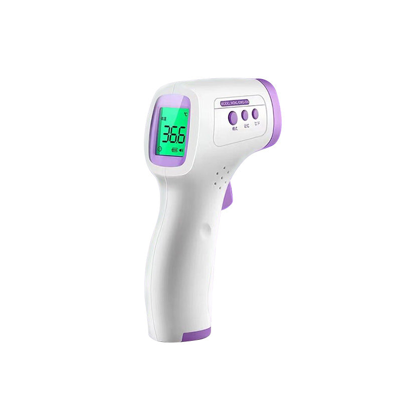 Infrared thermometer with digital display on a white background