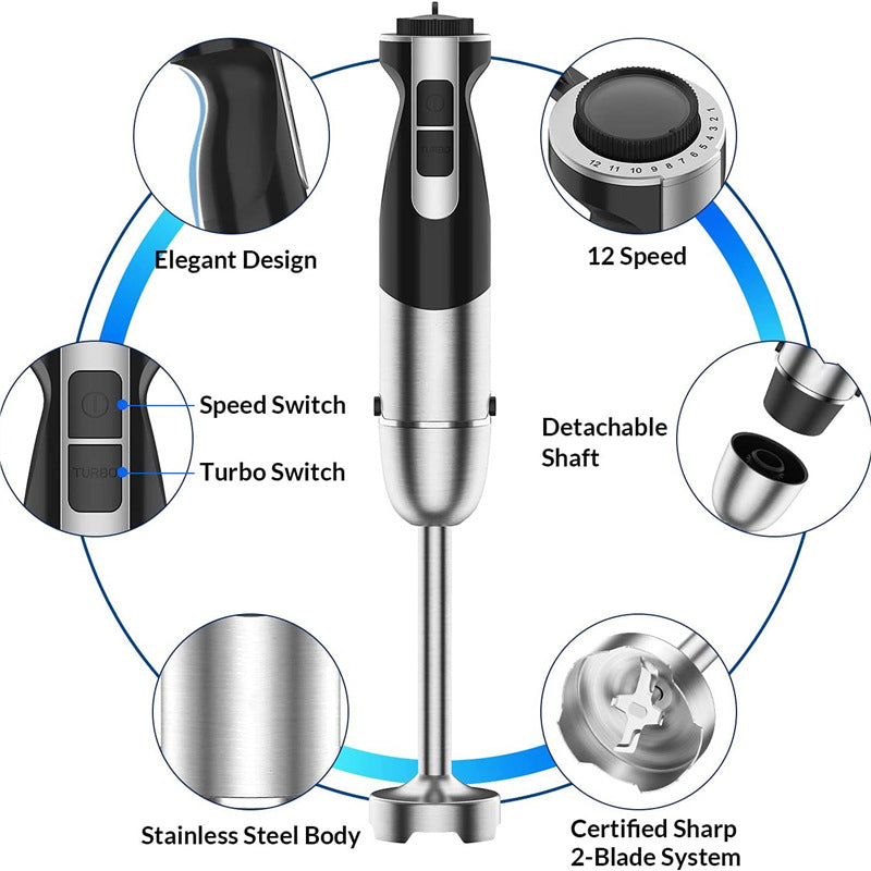 Stainless steel immersion blender with features highlighted on a white background