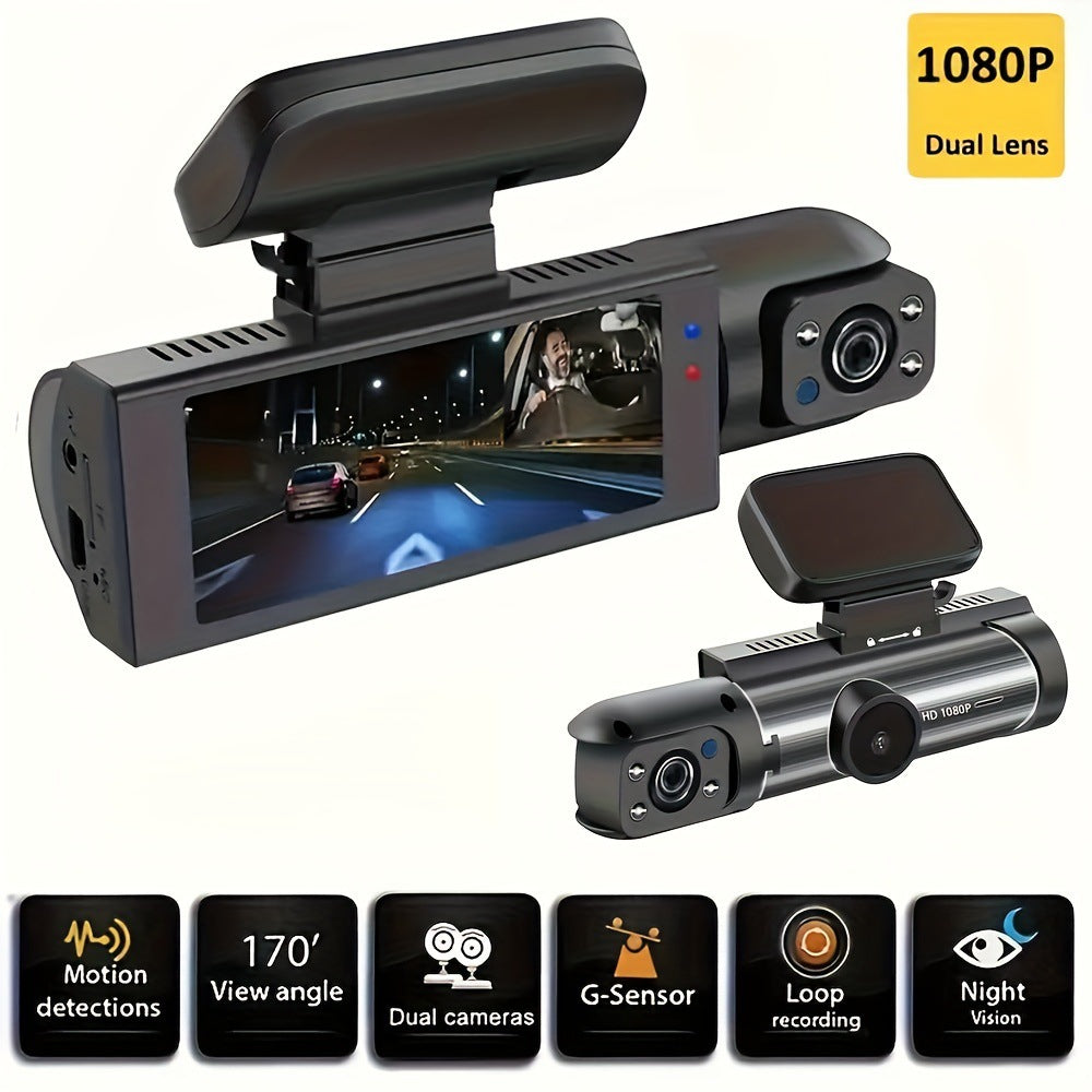 Car dashboard camera with dual lenses and various features displayed on a white background