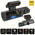 Car dashboard camera with dual lenses and various features displayed on a white background
