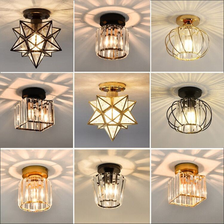 Various ceiling lights with geometric designs on a neutral background