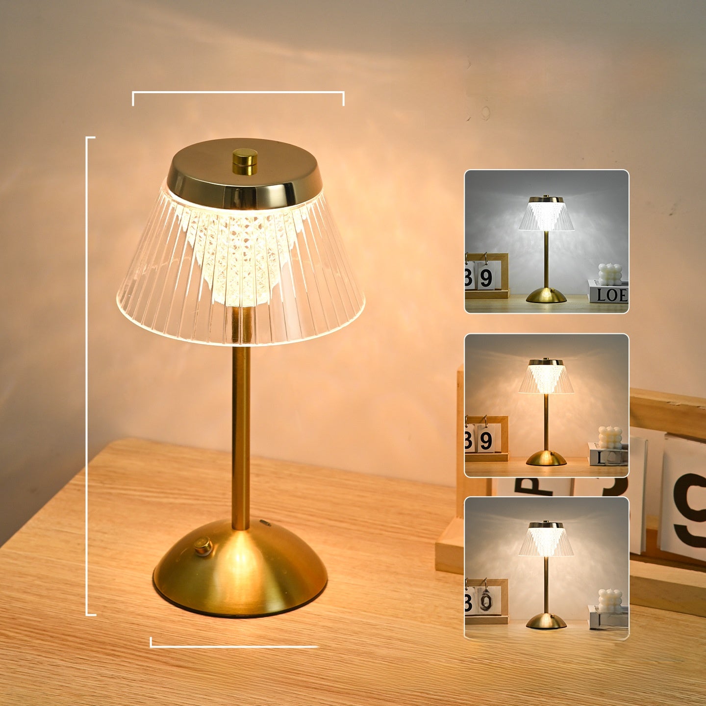 Gold table lamp with a decorative shade on a wooden surface, surrounded by inset images showing its use in different settings.