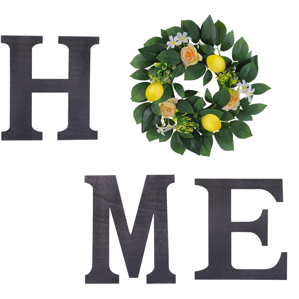 Decorative sign with 'HOME' letters and a floral wreath on a white background