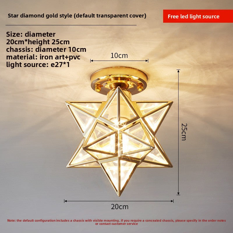 Gold star-shaped ceiling light with dimensions and material details on a neutral background