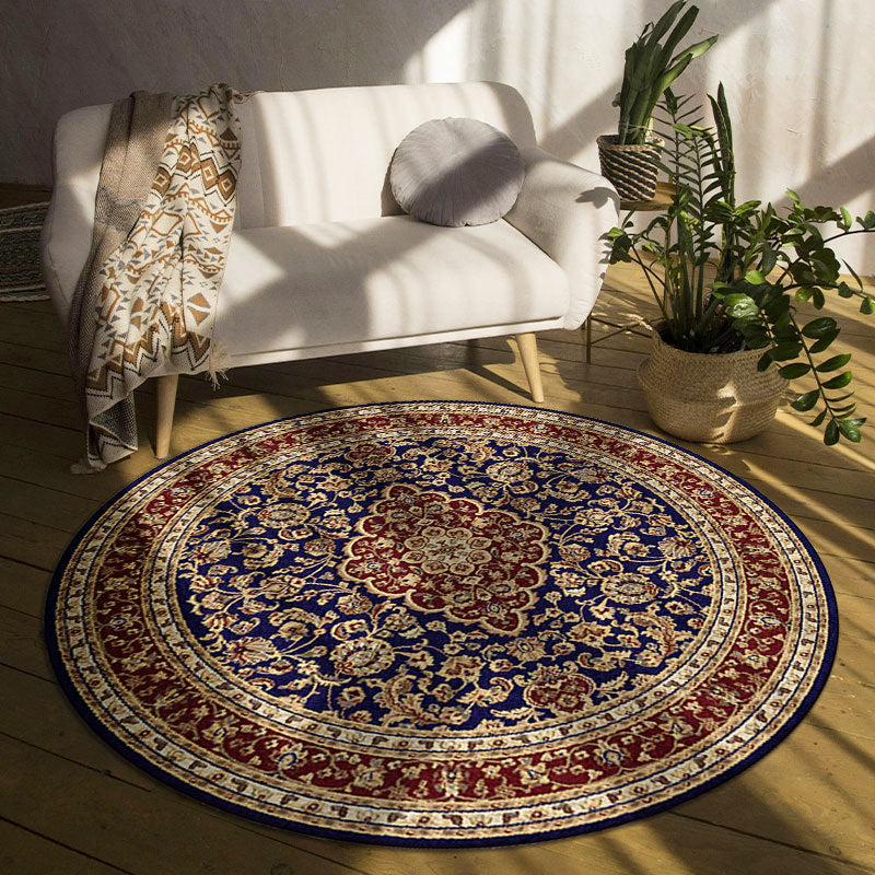 Round patterned rug in a room with a white chair, plants, and a blanket.