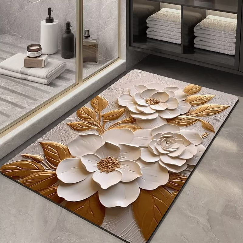 Decorative rug with floral design in a bathroom setting