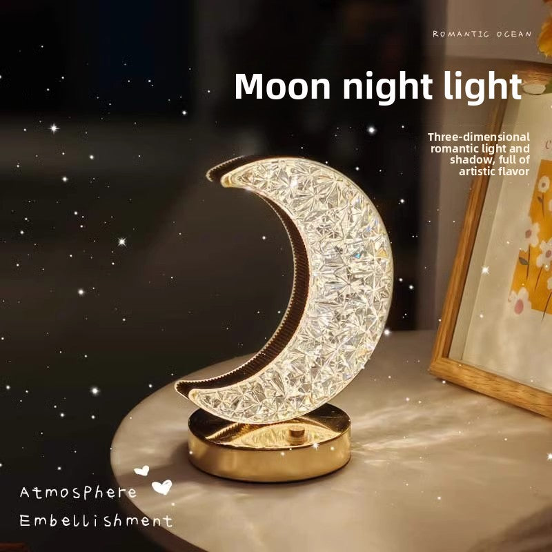 Moon-shaped night light on a dark background with text describing its features.