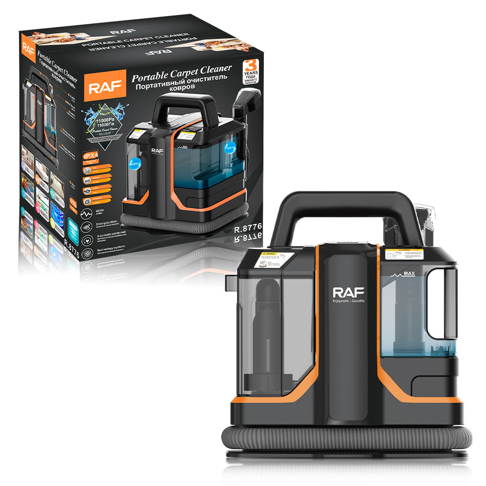 RAF portable carpet cleaner with packaging on a white background