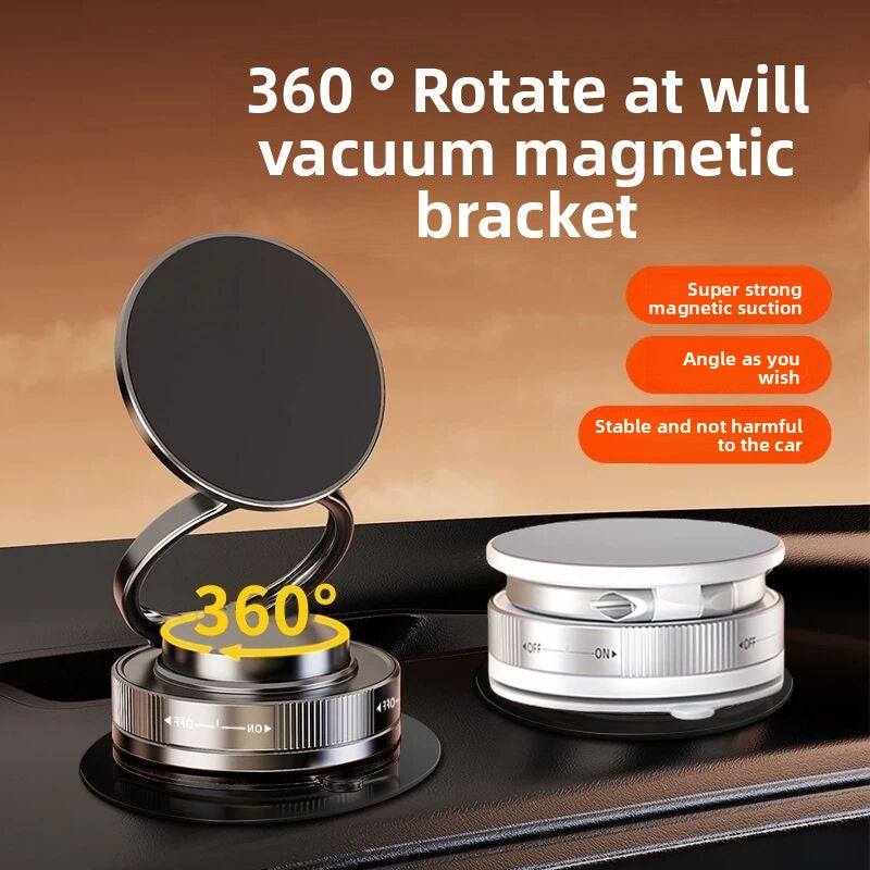 Vacuum magnetic bracket with 360-degree rotation feature on a car dashboard.