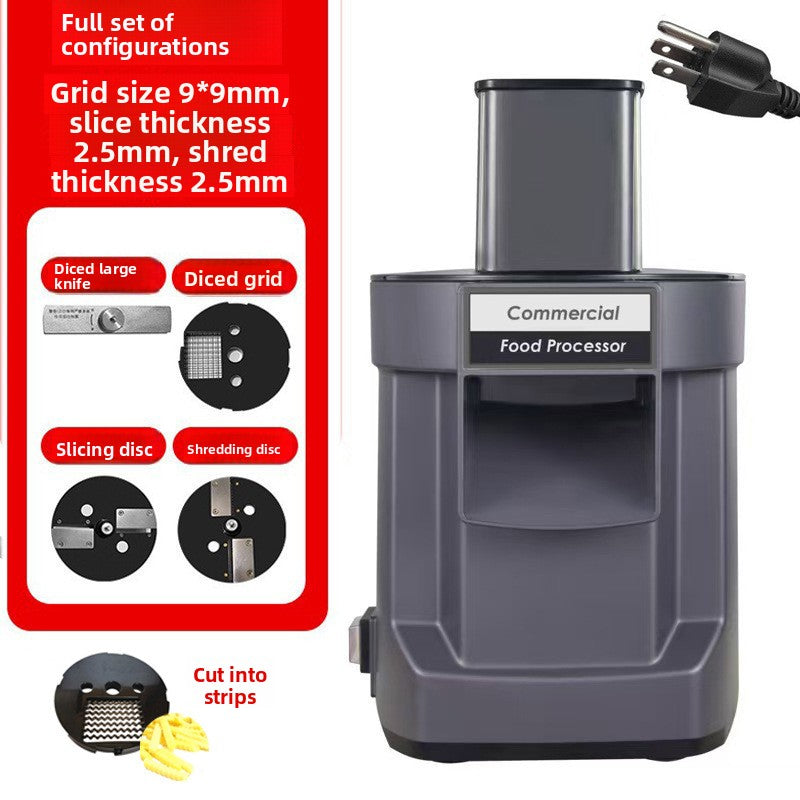 Commercial food processor with attachments and specifications on a white background